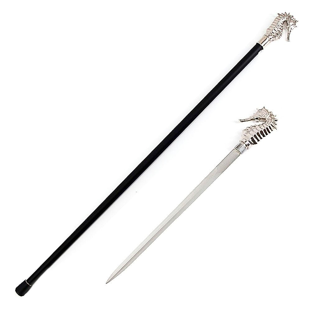 Silver Seahorse Hippocampus Cane Sword Walking Stick